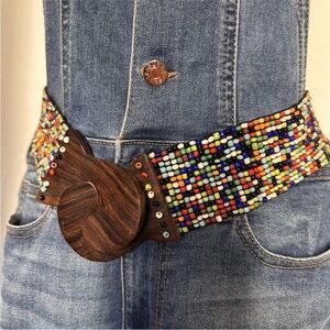 Vtg Statement Multi Color Bead Wood Buckle Stretch Belt Boho Festival Colorful